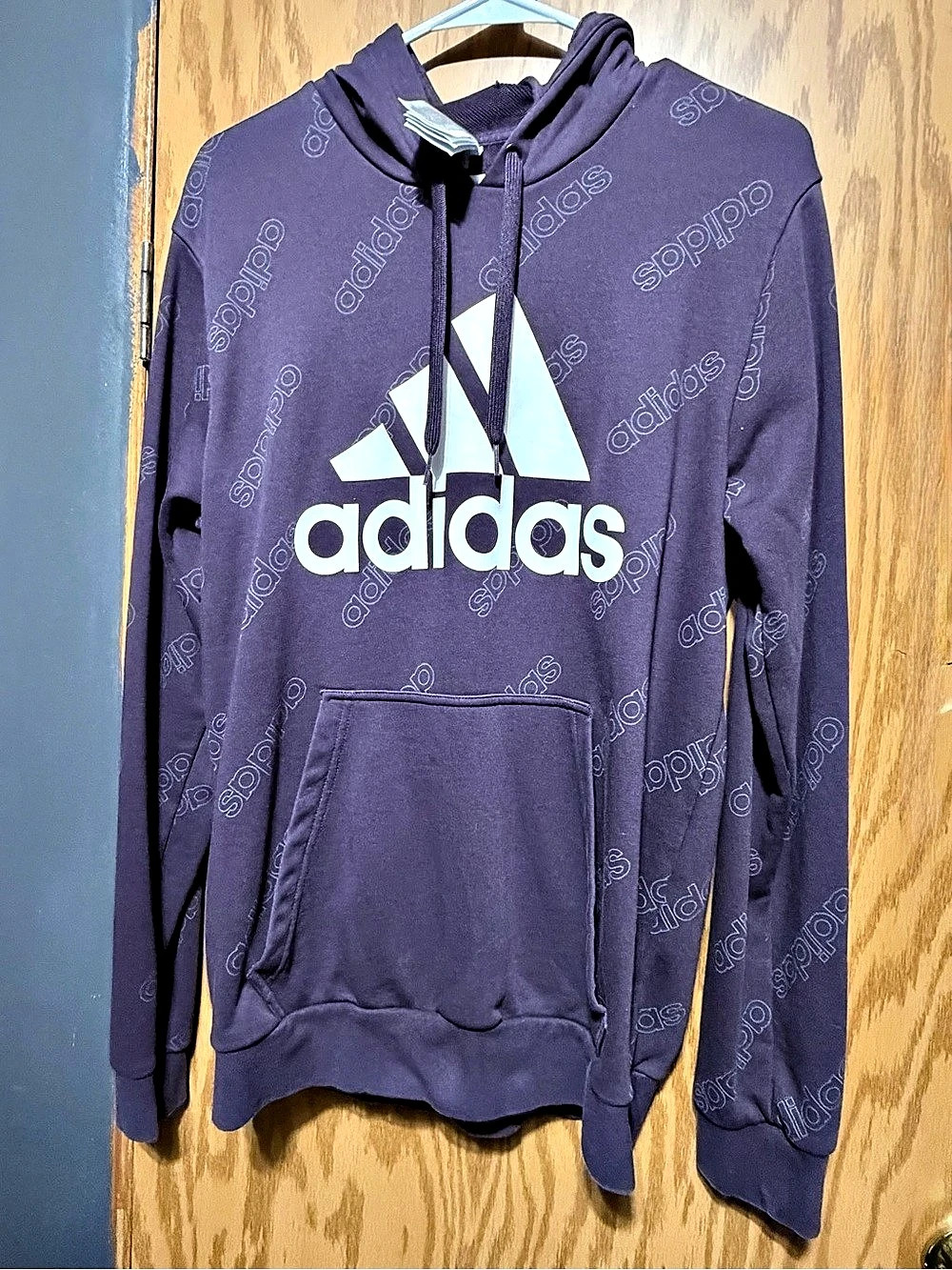 adidas Allover Print Logo Fleece Pullover Hoodie Purple & White Medium